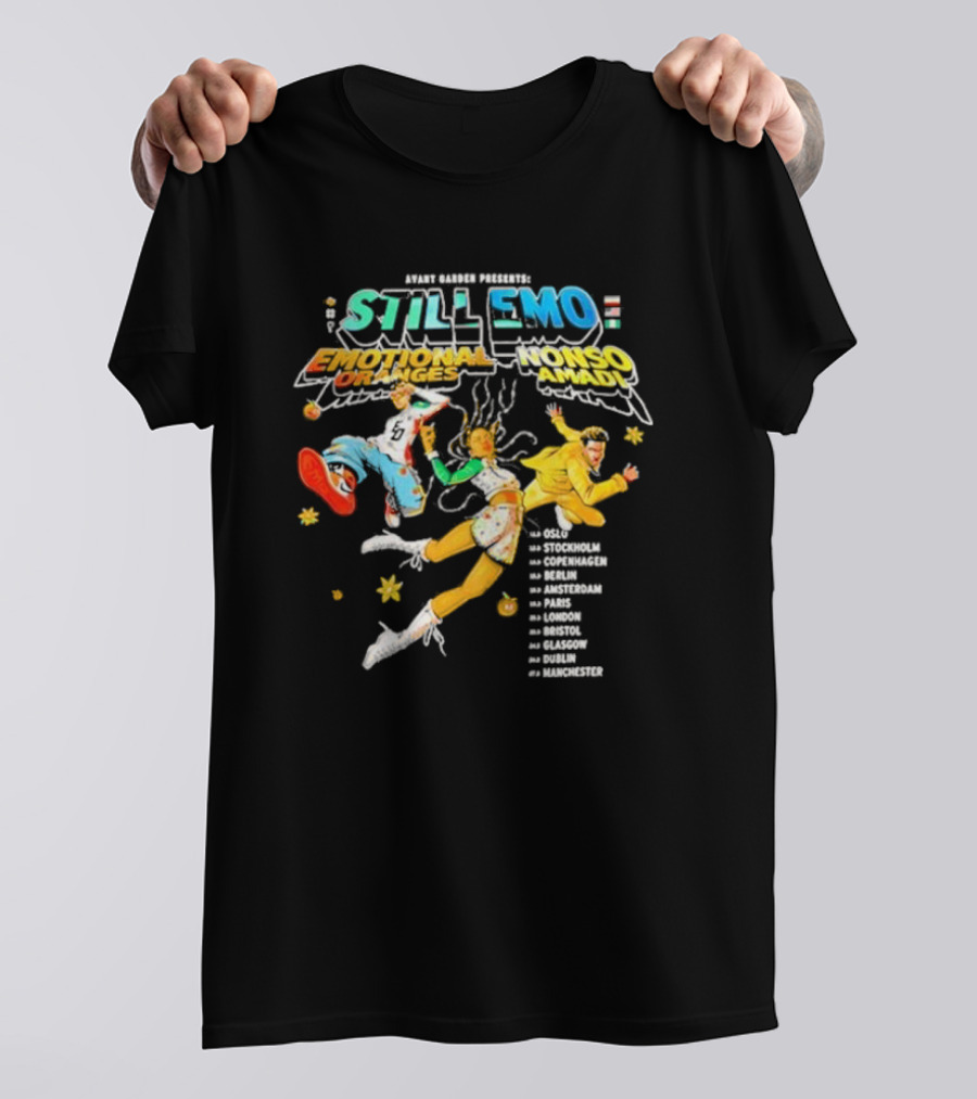 Avant Garden Presents Still Emo Tour Emotional Oranges Nonso Amadi Europe 2024 Oslo Stockholm Copenhagen Berlin Amsterdam Paris London Bristol Glasgow Dublin Manchester T-Shirt