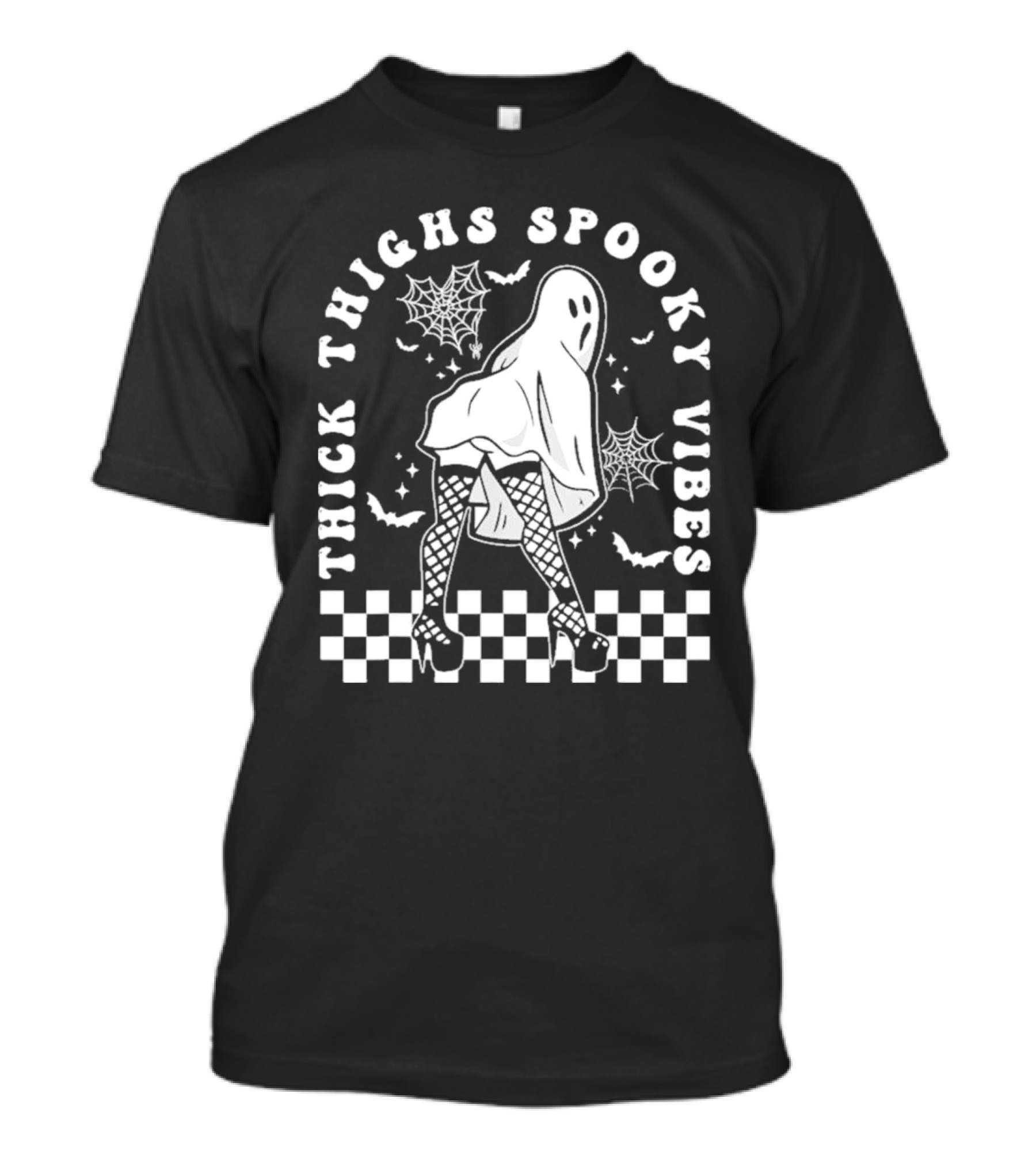Funny Halloween Ghost Thick Thighs Spooky Vibes Workout Gym Checkered Spiderweb Heels T-Shirt