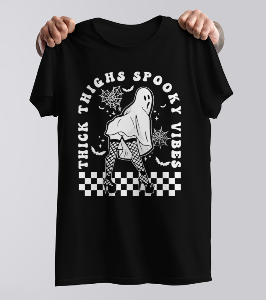 Funny Halloween Ghost Thick Thighs Spooky Vibes Workout Gym Checkered Spiderweb Heels T-Shirt