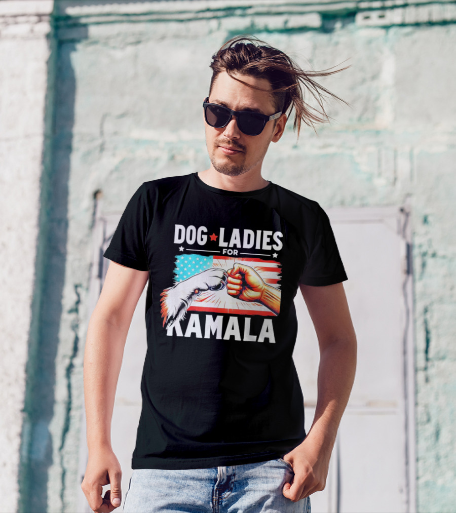 Dog Ladies For Kamala Paw And Fist Bump With American Flag Background T-Shirt