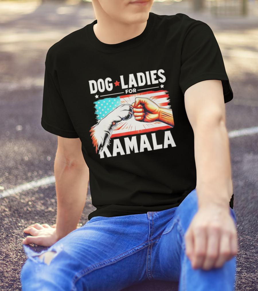 Dog Ladies For Kamala Paw And Fist Bump With American Flag Background T-Shirt