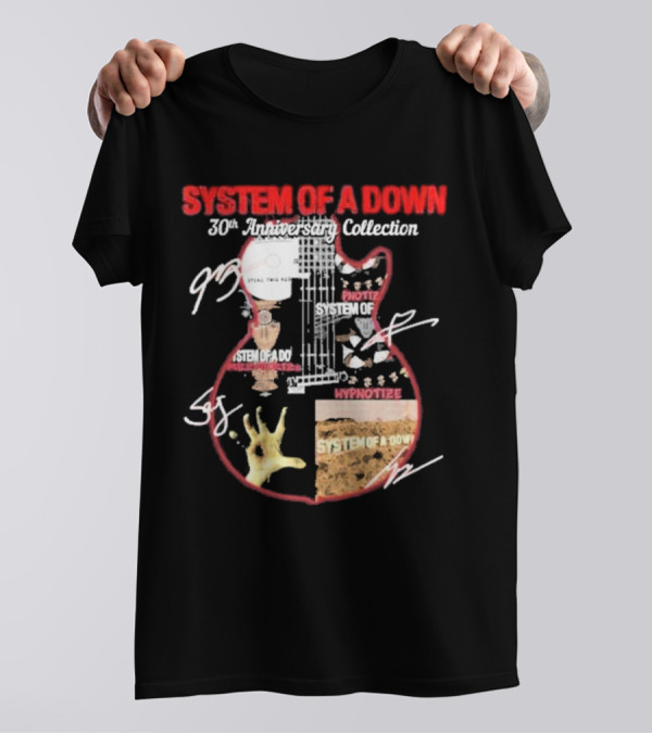 SYSTEM OF A DOWN 30th Anniversary Collection Signatures Guitar Art Hypnotize Steal This Album Iconic T-Shirt