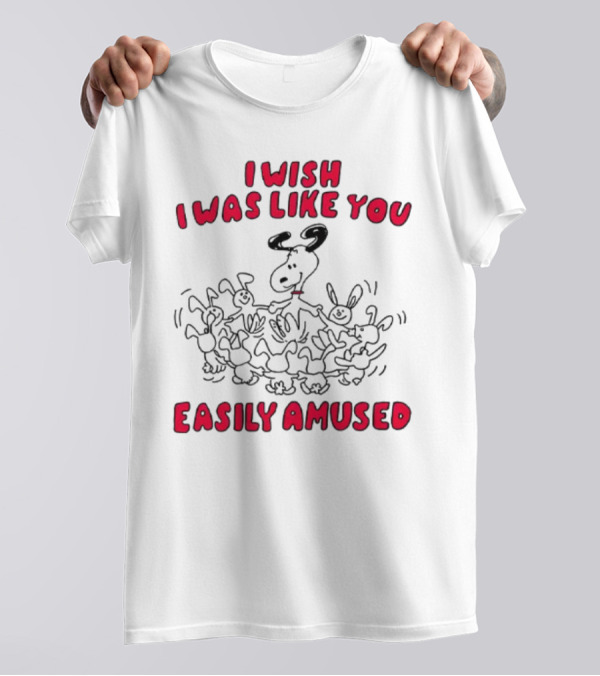 I Wish I Was Like You Easily Amused Black And Red Cartoon Character Surrounded By Dancing Bunnies T-Shirt