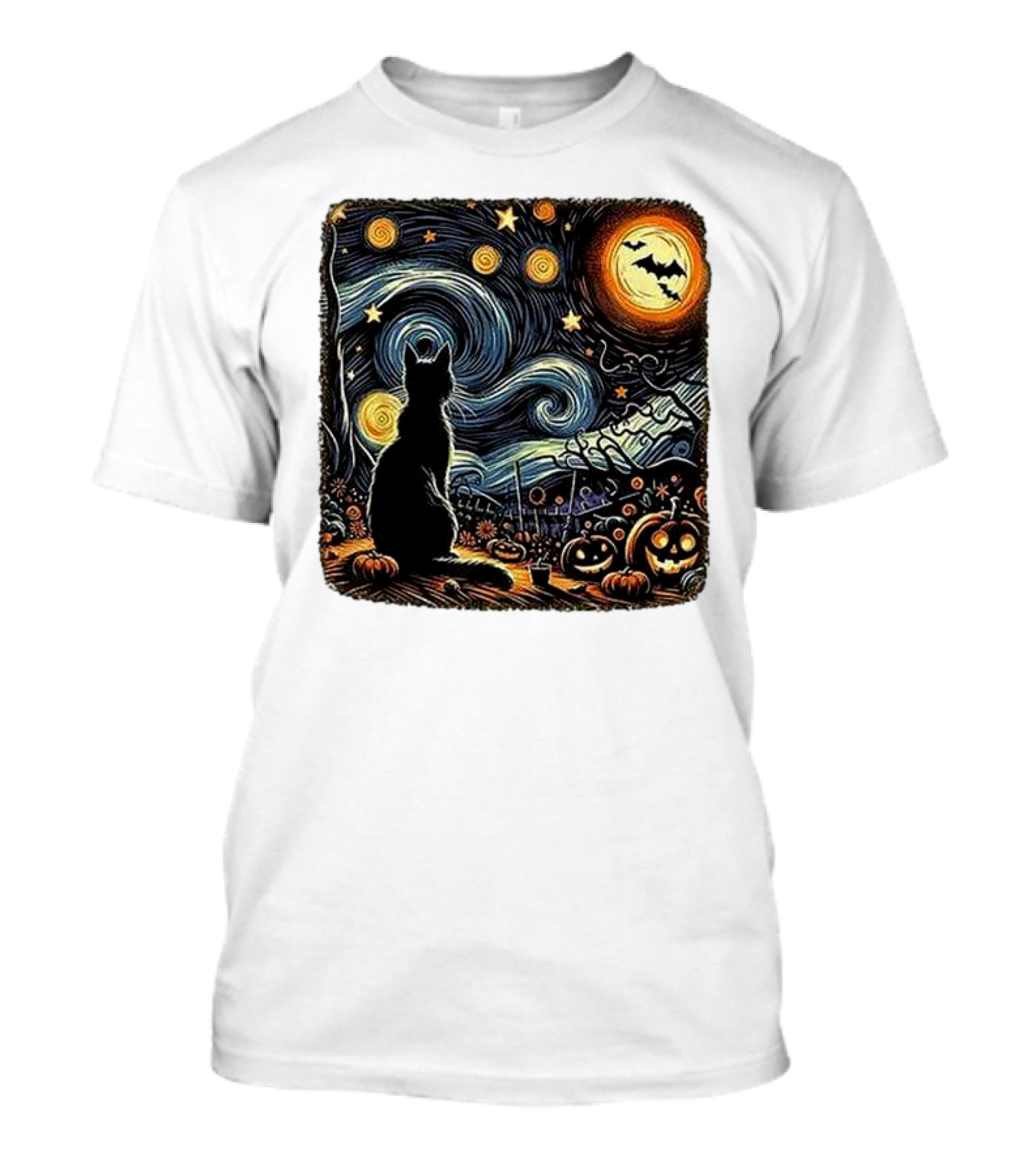 Retro Van Gogh Starry Night Cat With Pumpkin And Bat Halloween T-Shirt