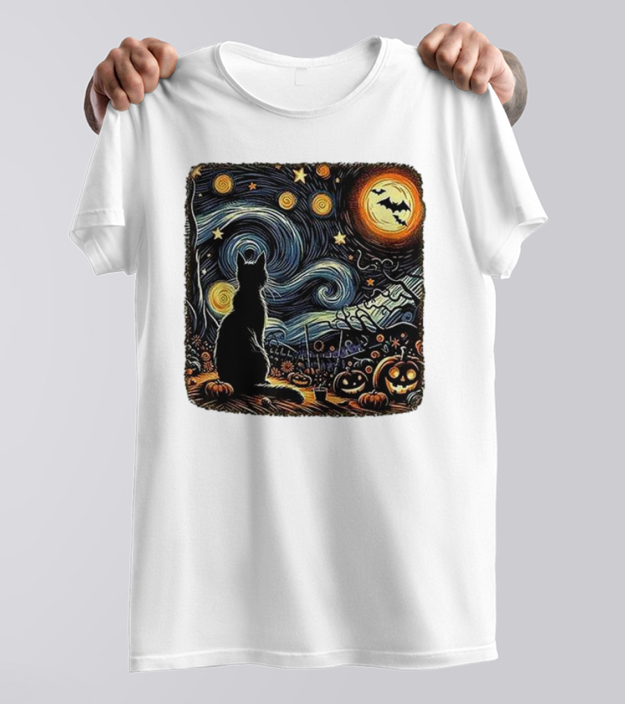 Retro Van Gogh Starry Night Cat With Pumpkin And Bat Halloween T-Shirt