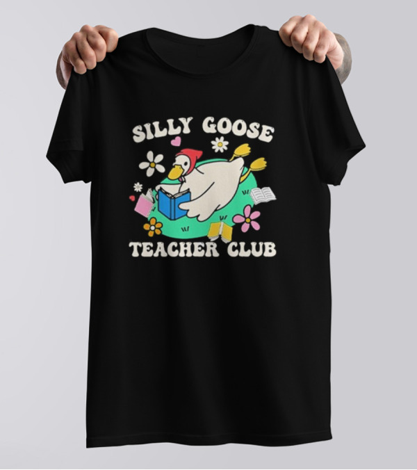Silly Goose Teacher Club Reading Duck With Flowers And Open Books T-Shirt