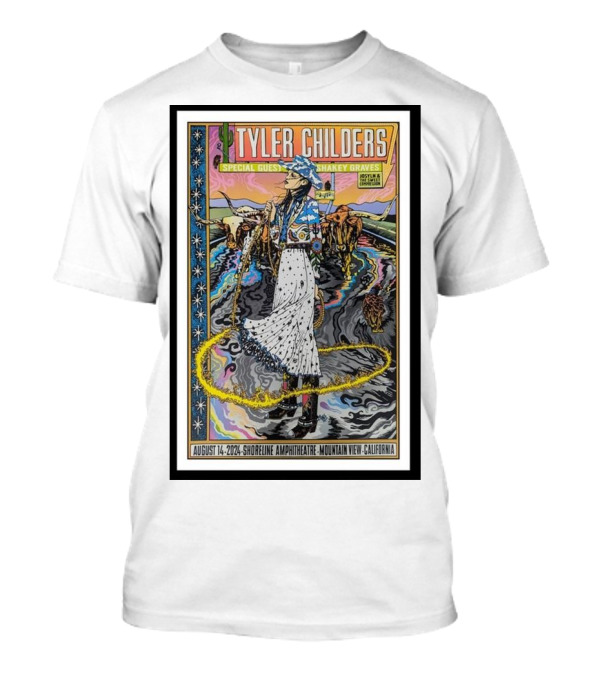 Tyler Childers Special Guest Shakey Graves August 14 2024 Shoreline Amphitheatre Mountain View California Concert Poster With Colorful Western Scene T-Shirt