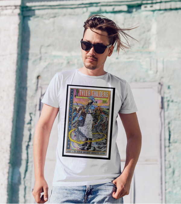 Tyler Childers Special Guest Shakey Graves August 14 2024 Shoreline Amphitheatre Mountain View California Concert Poster With Colorful Western Scene T-Shirt