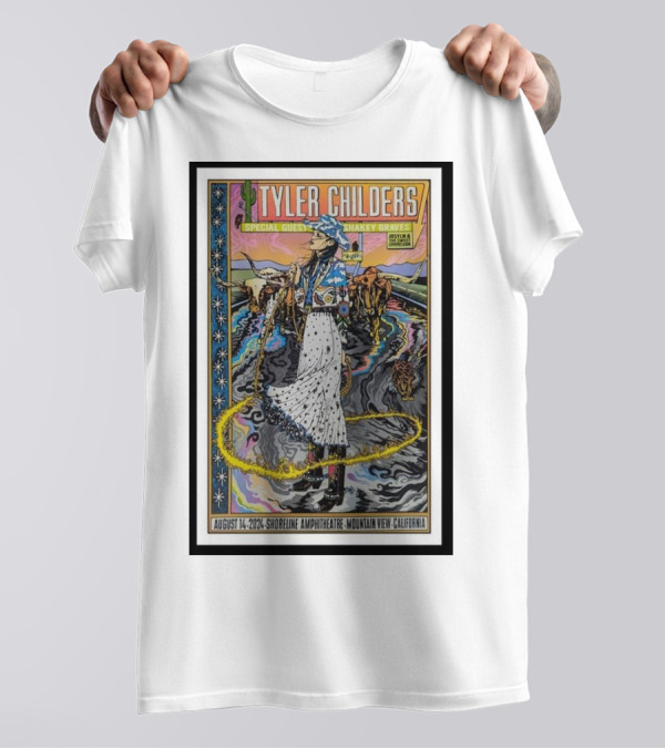 Tyler Childers Special Guest Shakey Graves August 14 2024 Shoreline Amphitheatre Mountain View California Concert Poster With Colorful Western Scene T-Shirt