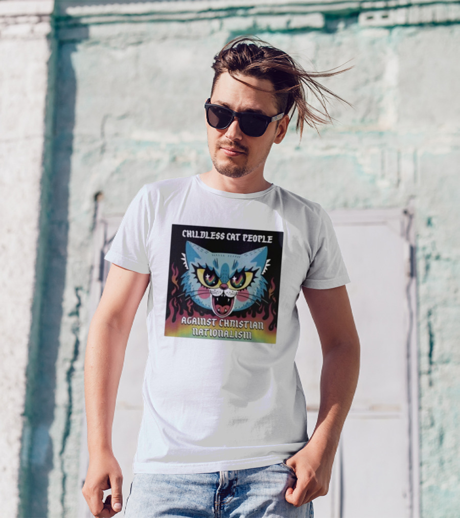 Childless Cat People Against Christian Nationalism Fierce Blue Cat With Flaming Background T-Shirt
