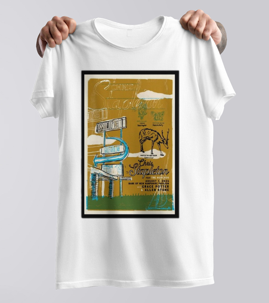 Chris Stapleton Aug 1 2024 BankNH Pavilion Gilford NH With Grace Potter Allen Stone Vintage Neon Sign T-Shirt
