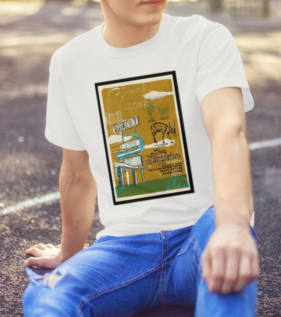 Chris Stapleton Aug 1 2024 BankNH Pavilion Gilford NH With Grace Potter Allen Stone Vintage Neon Sign T-Shirt