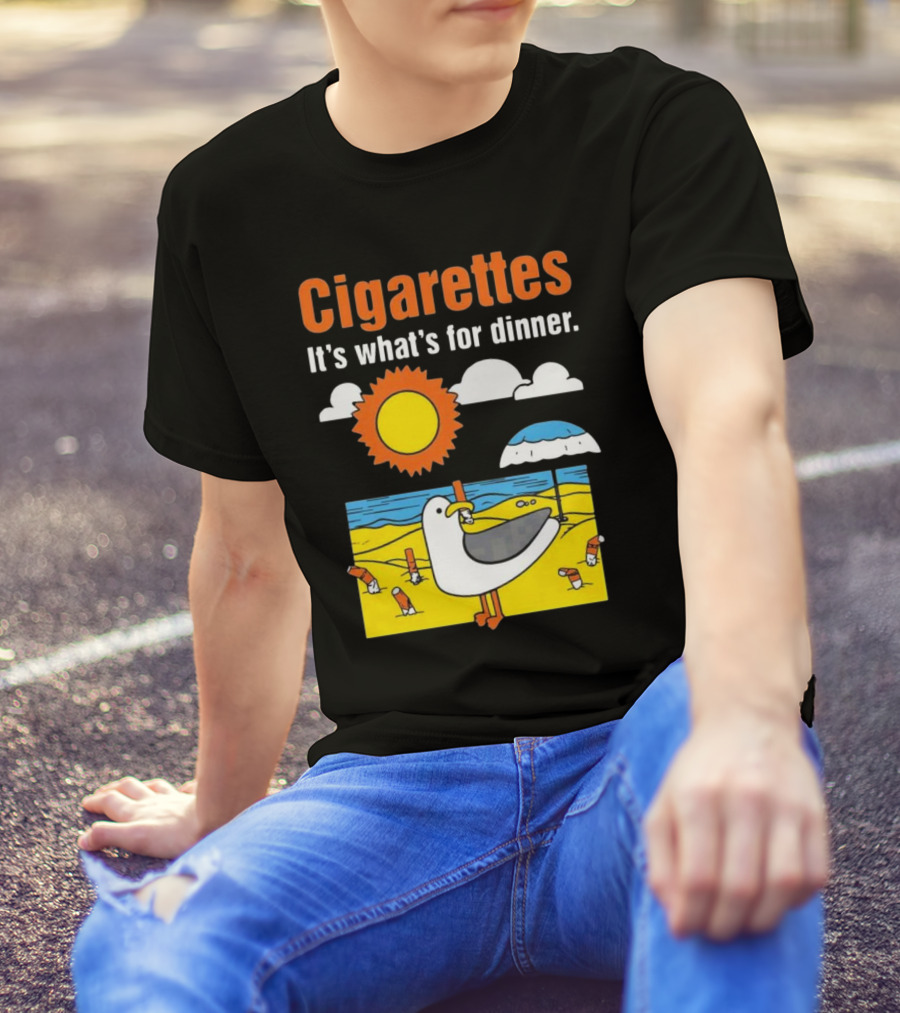 Cigarettes It's What's For Dinner Beach Seagull Cartoon With Sun And Umbrella T-Shirt