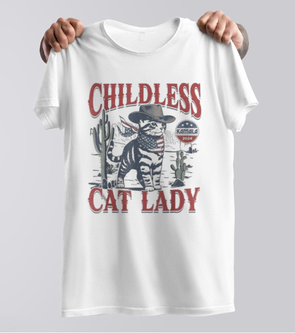 Childless Cat Lady Cowboy Cat Election Voting Kamala T-Shirt