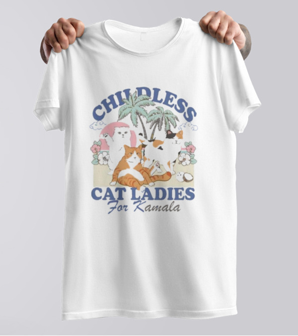Childless Cat Ladies For Kamala Harris With Cats And Palm Trees Retro T-Shirt