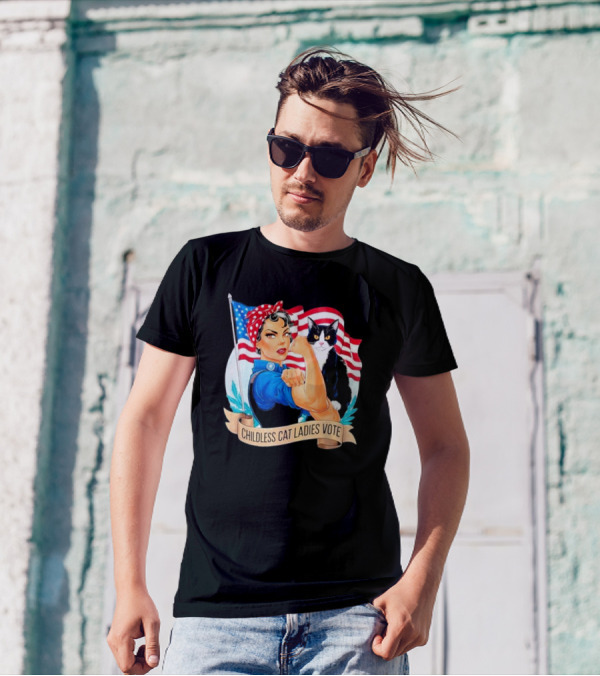 Childless Cat Ladies Vote Rosie The Riveter American Flag Cat T-Shirt
