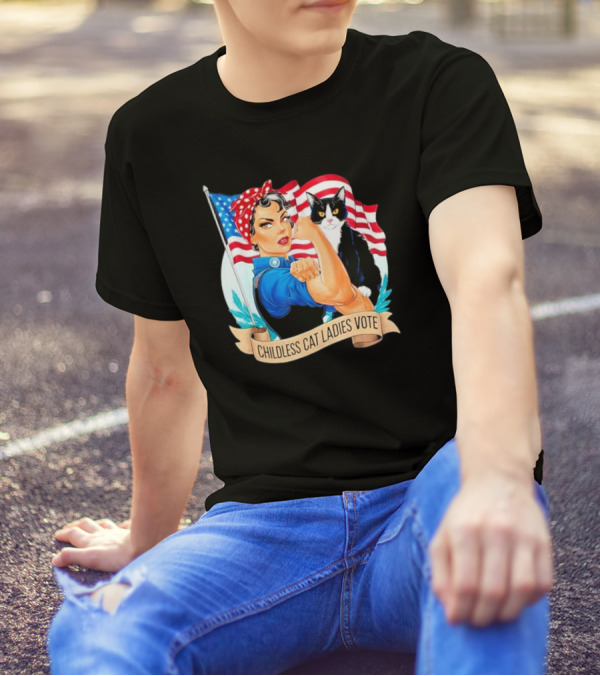 Childless Cat Ladies Vote Rosie The Riveter American Flag Cat T-Shirt