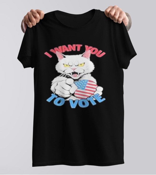 Childless Cat Lady I Want You To Vote Kamala 2024 Patriotic Cat With American Flag Button T-Shirt
