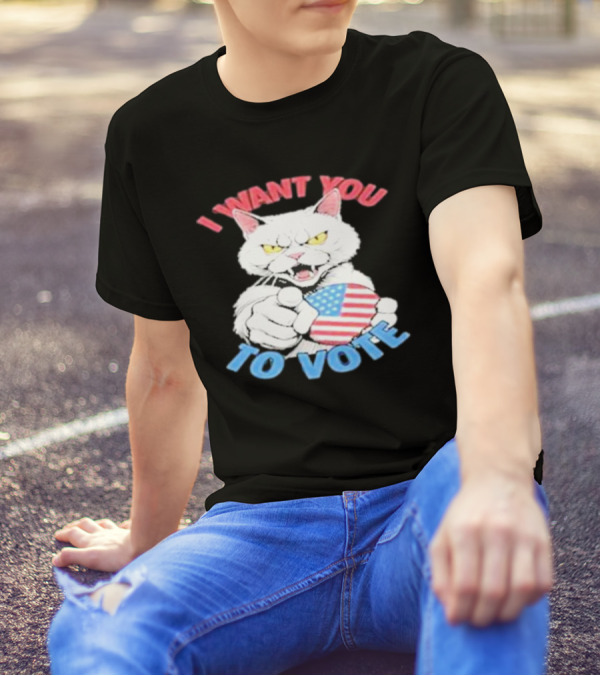 Childless Cat Lady I Want You To Vote Kamala 2024 Patriotic Cat With American Flag Button T-Shirt
