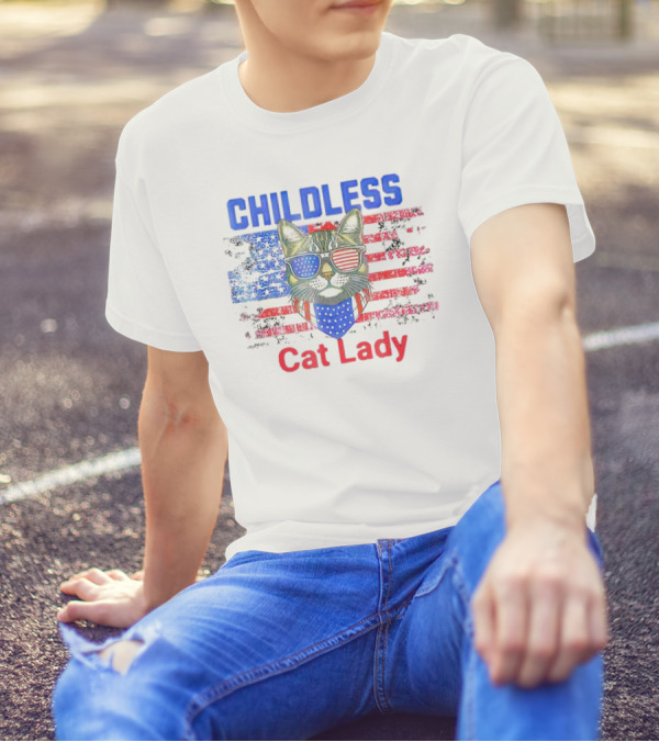 Childless Cat Lady USA Flag Sunglasses T-Shirt
