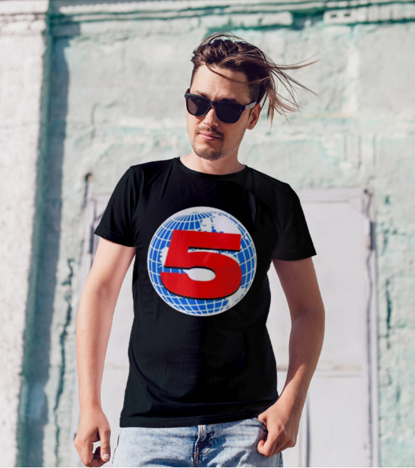 Red Number 5 On Blue And White Globe Background T-Shirt