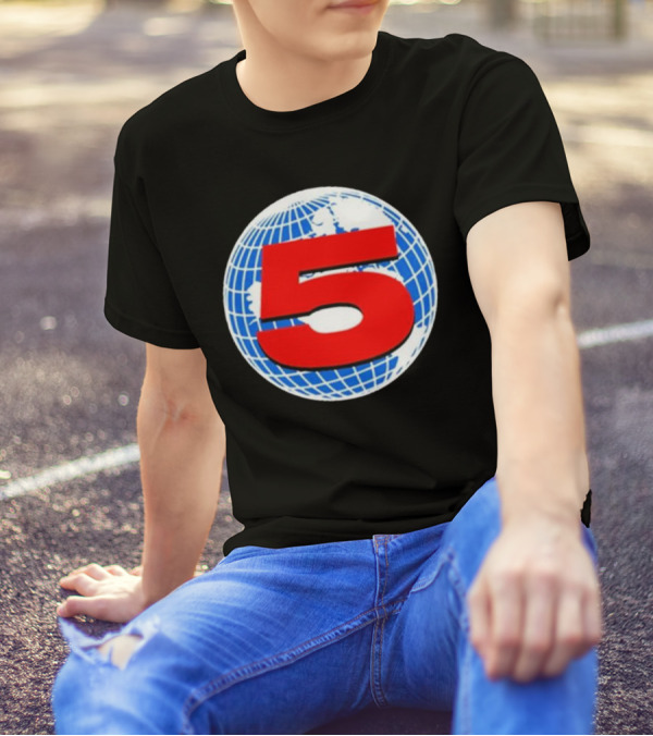 Red Number 5 On Blue And White Globe Background T-Shirt
