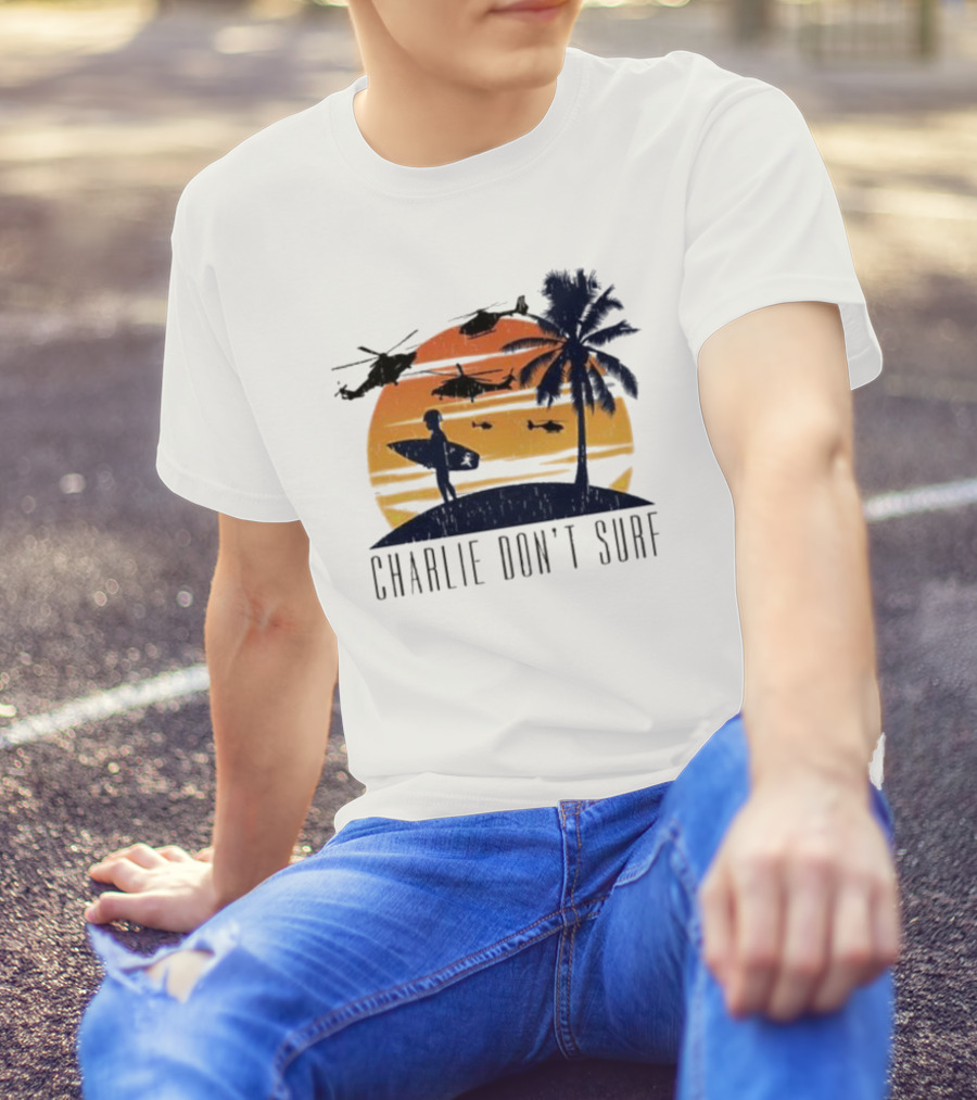 Charlie Don’t Surf Helicopters Palm Sunset Surfer T-Shirt
