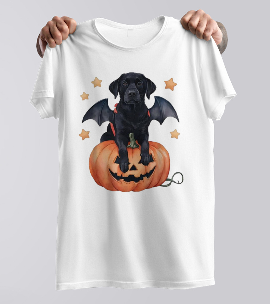 Cute Black Labrador Halloween Pumpkin Dog Mom With Bat Wings And Stars T-Shirt