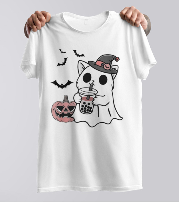 Ghost Cat With Bubble Tea And Halloween Pumpkin T-Shirt