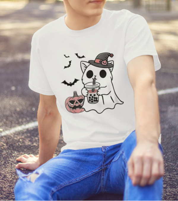 Ghost Cat With Bubble Tea And Halloween Pumpkin T-Shirt