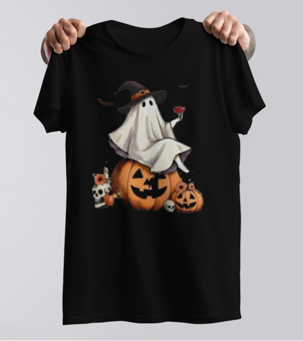 Halloween Drink Up Witches Ghost On Pumpkin With Skull And Wine Glass T-Shirt