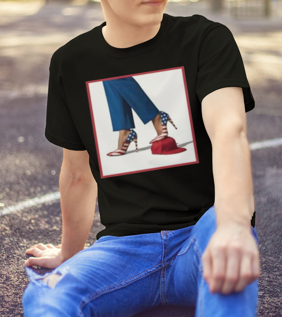 Kamala American Flag High Heels Stepping On Red MAGA Hat T-Shirt