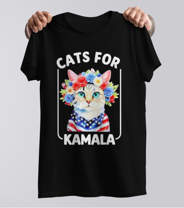 Cats For Kamala Cat With Flowers American USA Flag T-Shirt