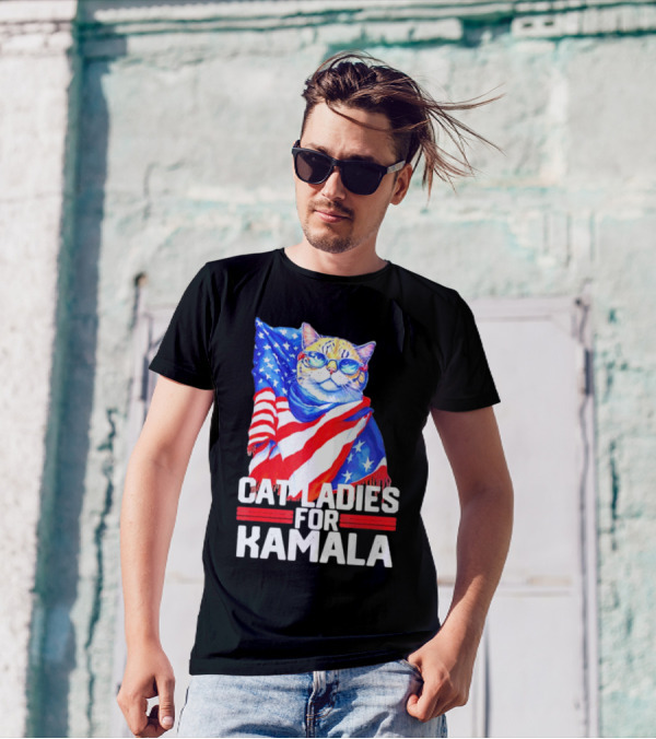 Cat Ladies For Kamala 2024 USA Flag Cat With Glasses T-Shirt