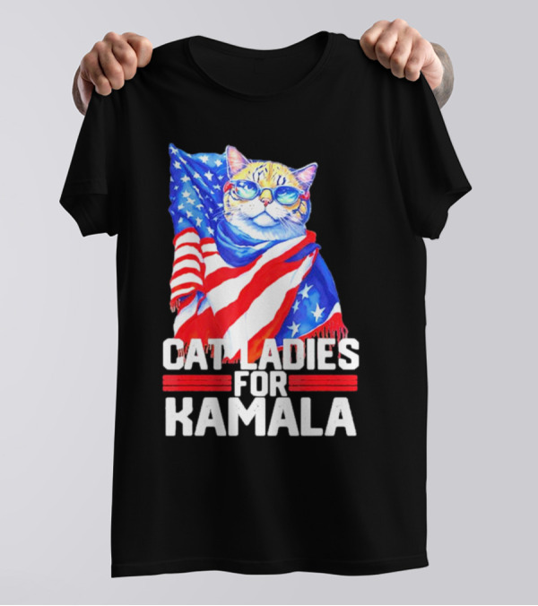 Cat Ladies For Kamala 2024 USA Flag Cat With Glasses T-Shirt