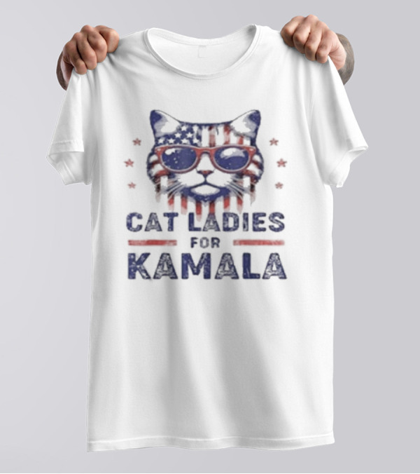 Cat Ladies For Kamala Funny Cat 2024 President Kamala-Harris American Flag Glasses Stars T-Shirt