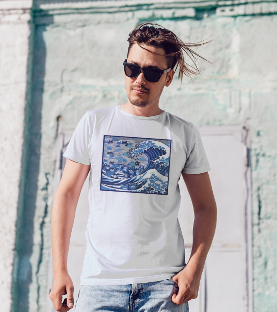 Blue Wave Cat Kamala Hokusai Style Japan Ocean Cats T-Shirt