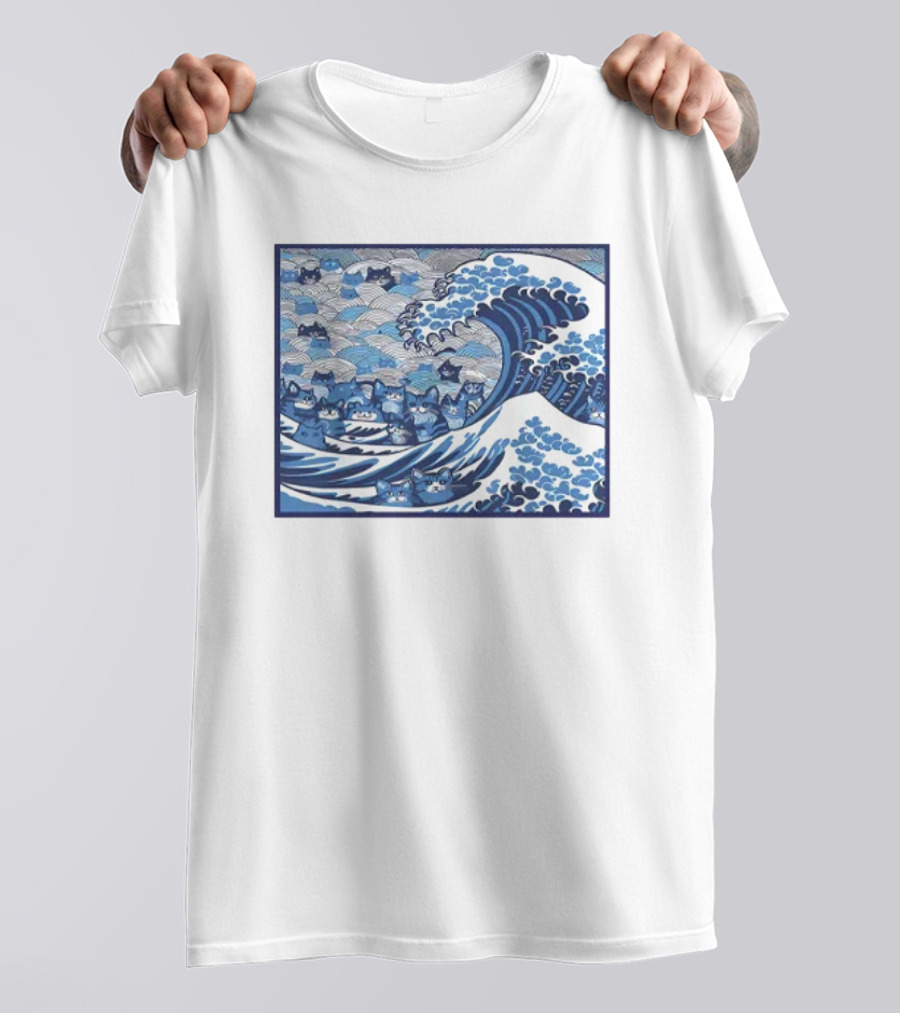 Blue Wave Cat Kamala Hokusai Style Japan Ocean Cats T-Shirt
