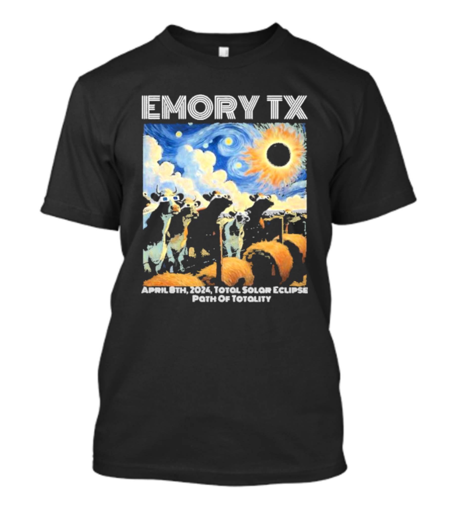 Emory TX April 8th 2024 Total Solar Eclipse Path Of Totality Cows T-Shirt