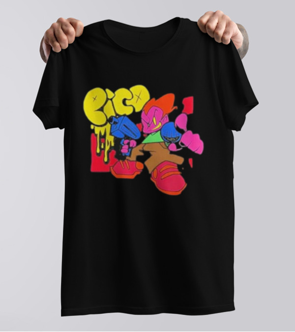 Friday Night Funkin Pico Colorful Cartoon Character Holding Gun T-Shirt