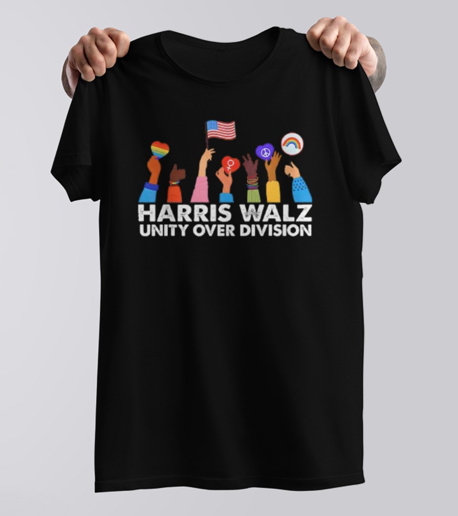 Harris Walz Unity Over Division Hands With Flags And Symbols T-Shirt