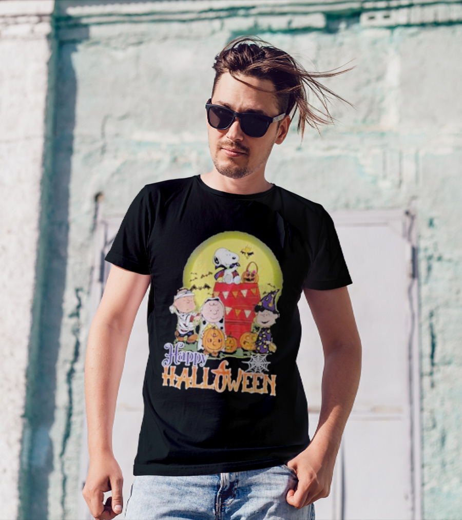Happy Halloween Snoopy And Friends Haunted Pumpkin Scene T-Shirt