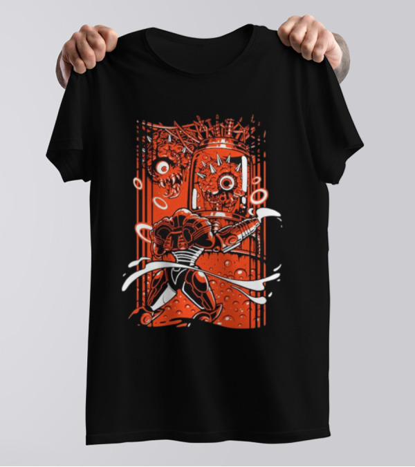 Final Boss Monster Robot Battle Scene With Armored Hero And Giant Eye Creatures T-Shirt