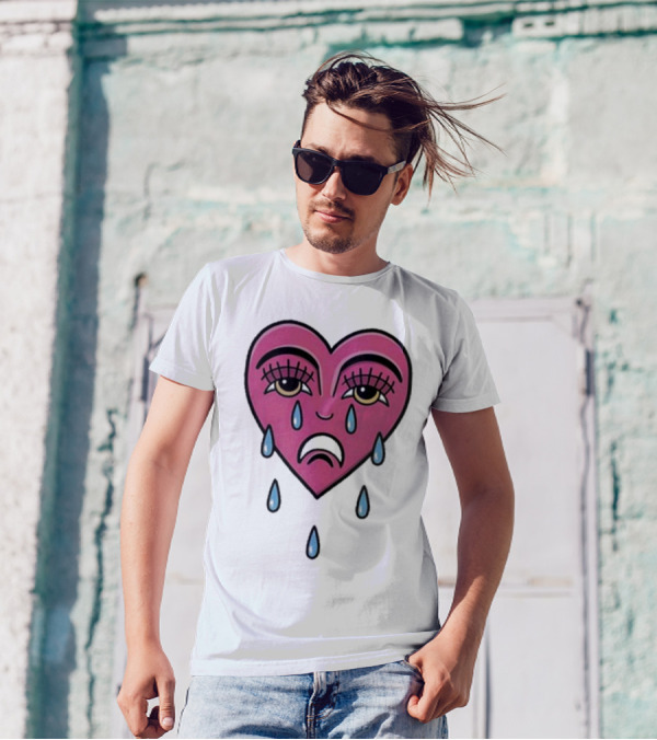 Hursey Hand Painter Crying Heart Sad Pink Teardrop Face T-Shirt