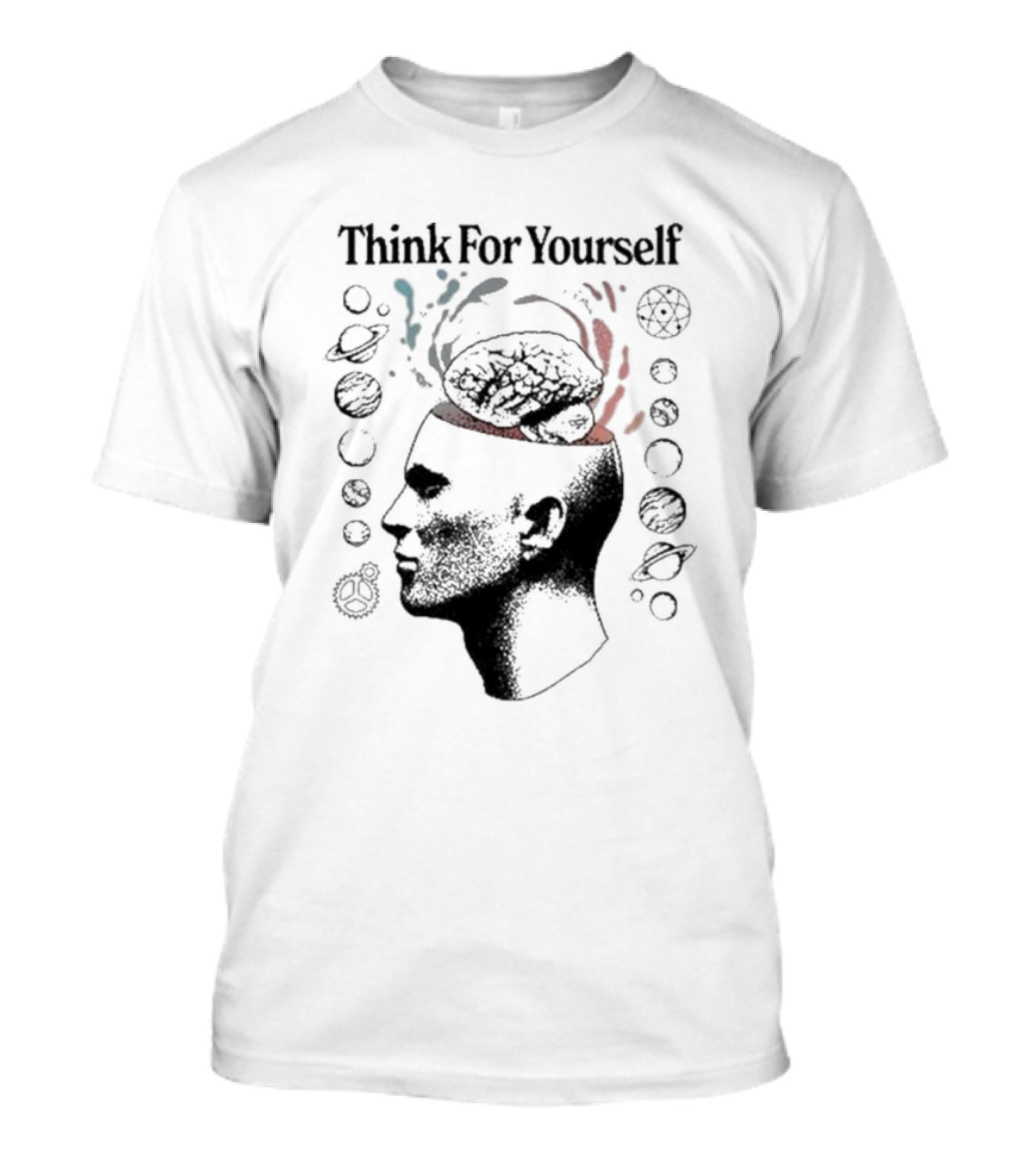 Think For Yourself Brain With Planets And Geometric Symbols T-Shirt