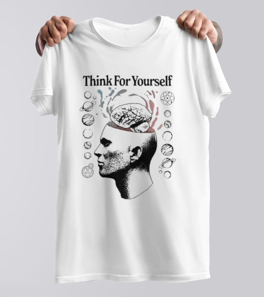 Think For Yourself Brain With Planets And Geometric Symbols T-Shirt