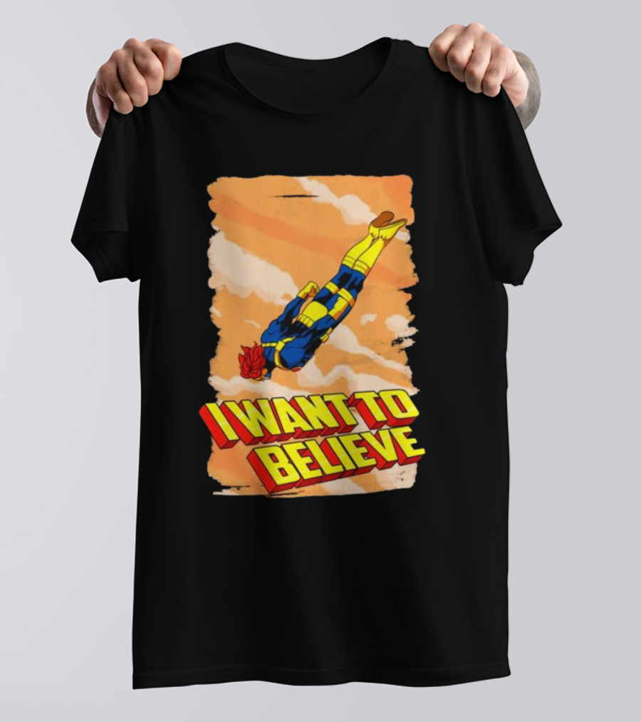 I Want To Believe Superheroes Retro Flying Hero In Yellow And Blue Suit T-Shirt