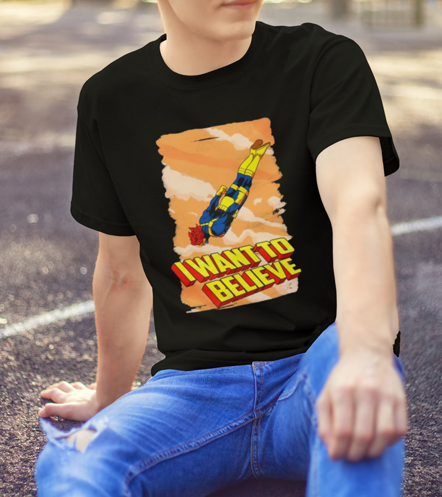I Want To Believe Superheroes Retro Flying Hero In Yellow And Blue Suit T-Shirt