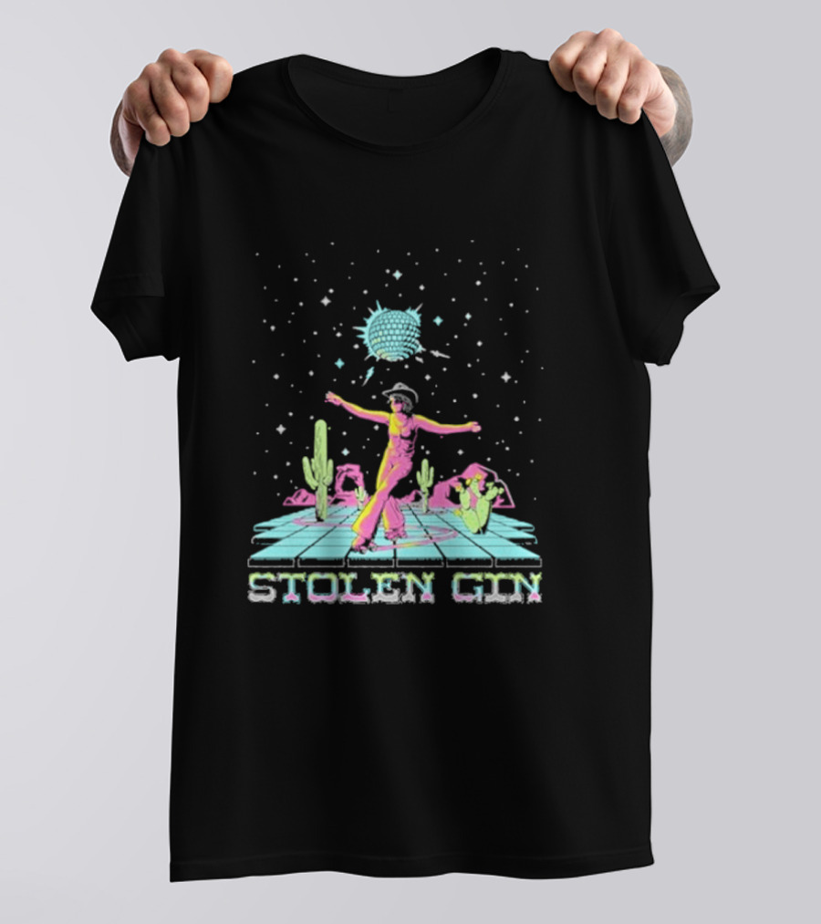 Stolen Gin Disco Cowgirl Dance Under Starry Night Desert Scene T-Shirt