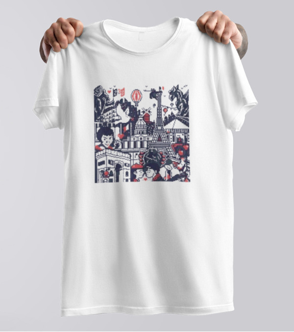 BasePaint Cityscapes Paris Eiffel Tower And Arc De Triomphe Neon Hearts T-Shirt